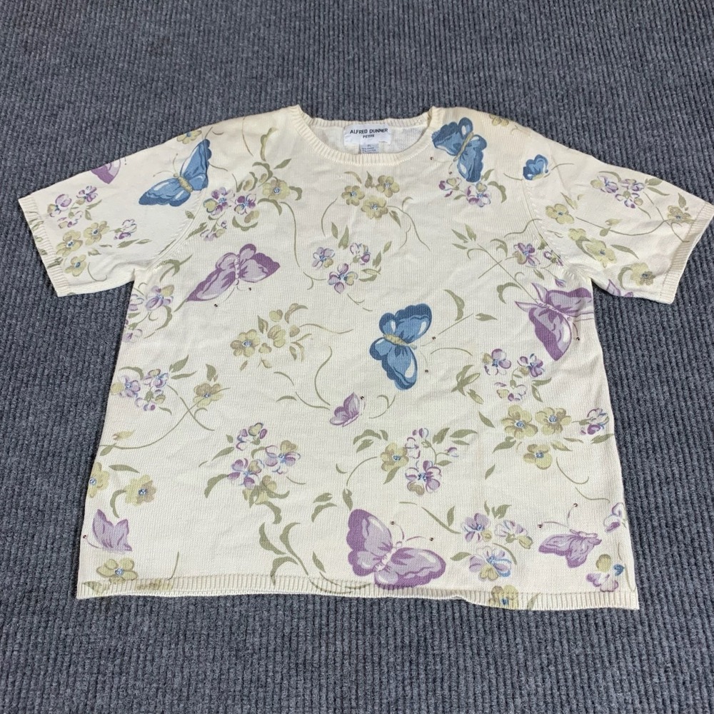 VTG Alfred Dunner Sweater Womens Petite Large Off White AOP Floral Butterflies
